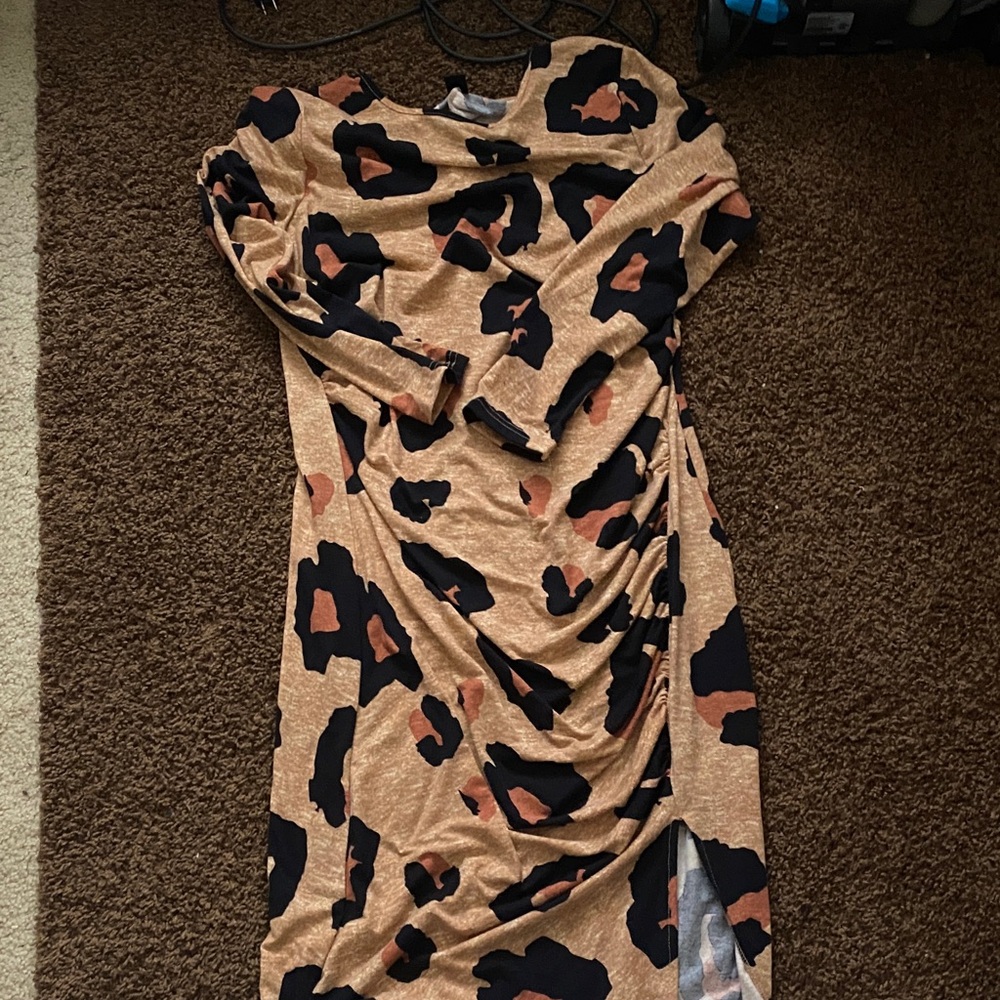 Tan and Black Animal Print Long Sleeve Dress